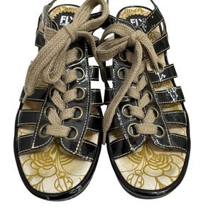 Fly London Shoes Womens Size 10 Black Patent Wedge Gladiator Lace Up Sandals